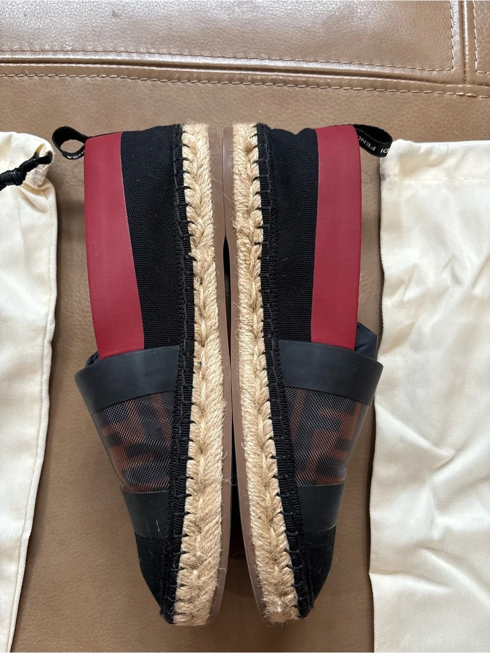 Fendi Black and Red Logo-Panel Espadrille Flats size 36 6